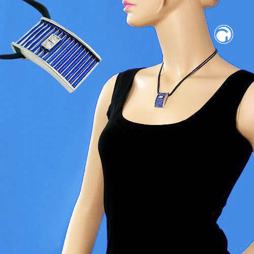 Kette 32x21mm Metallanhänger silberfarben Email blau Kordel blau 45cm