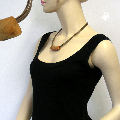 Chain 54x19mm pendant tube flat bent ochre-light brown-marbled shiny plastic 45cm
