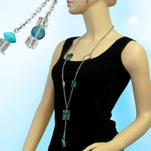 Chain 35x25mm Pillow plastic beads turquoise-marbled anchor chain anodized grey 95cm
