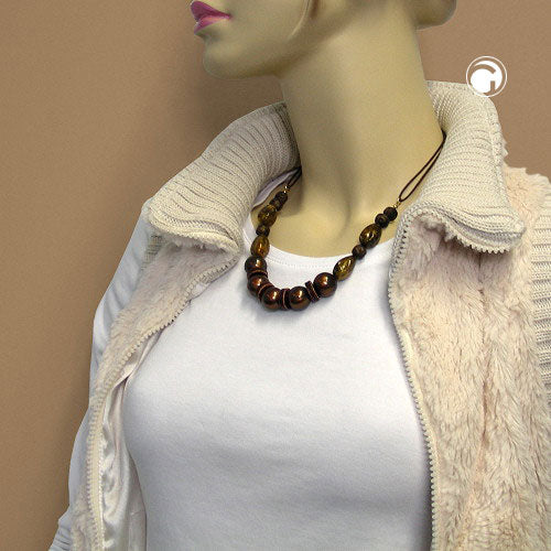 Necklace plastic beads mother of pearl brown silky shiny with cord brown 50cm