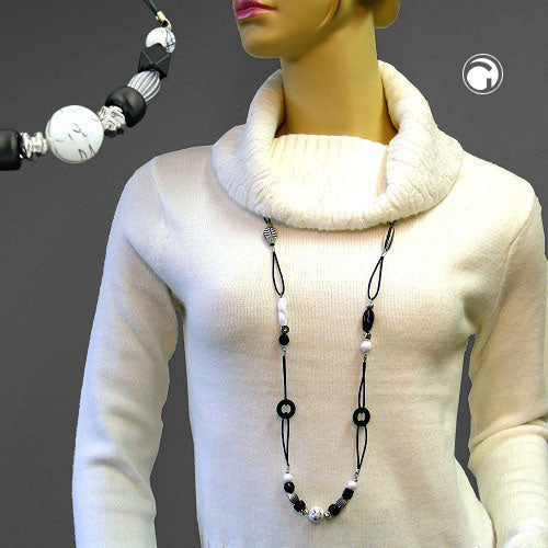 Necklace plastic beads black-white cord black 105cm
