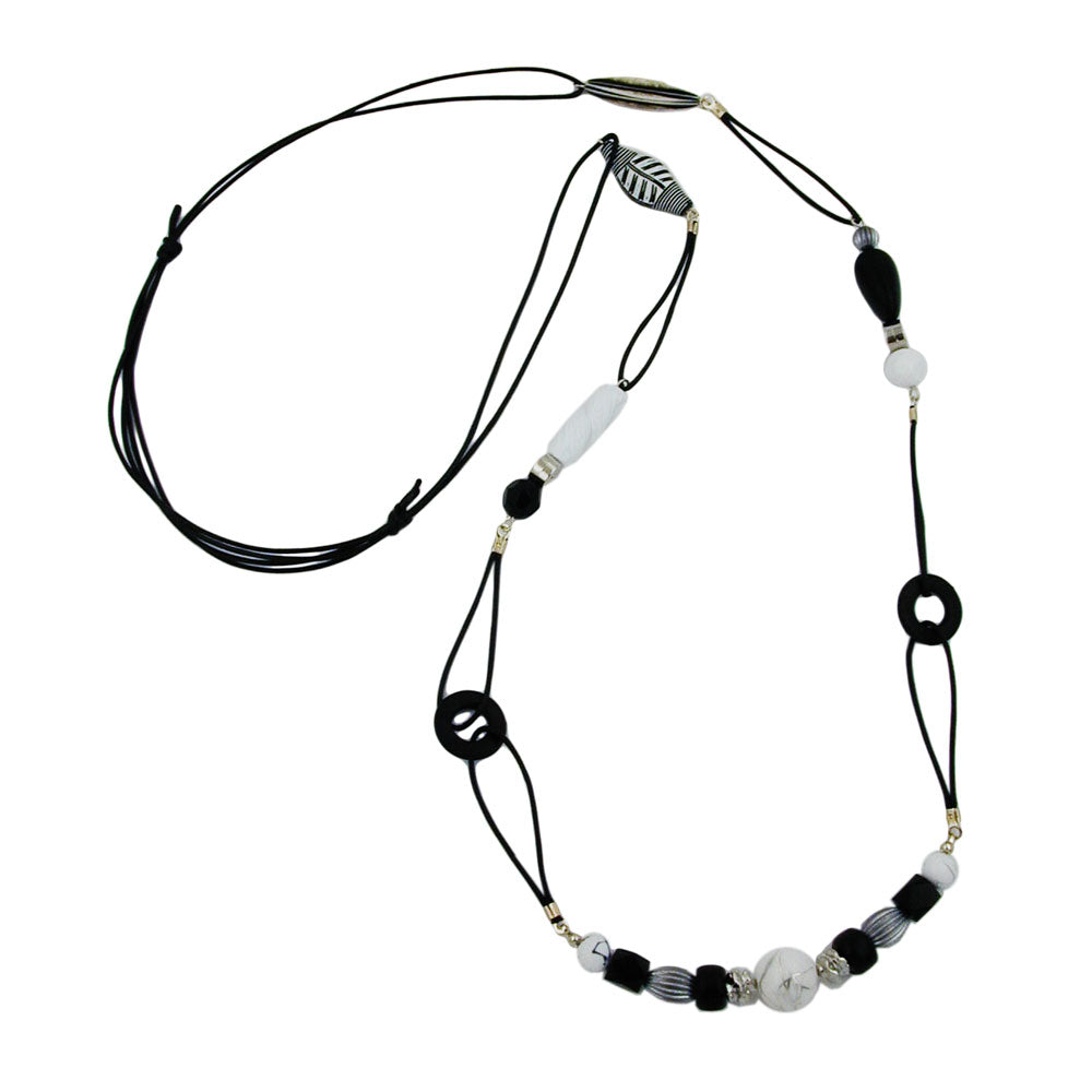 Necklace plastic beads black-white cord black 105cm
