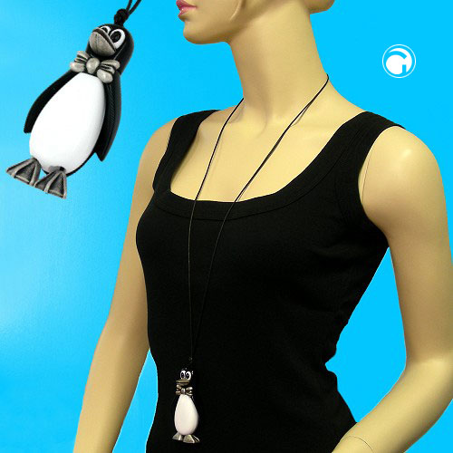 Necklace plastic penguin black-white silver-grey cord black 90cm