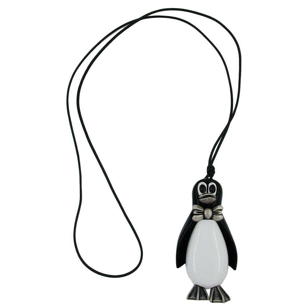 Necklace plastic penguin black-white silver-grey cord black 90cm