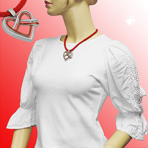 Chain country style pendant metal cast heart pretzel red-silver-grey cord red 45cm