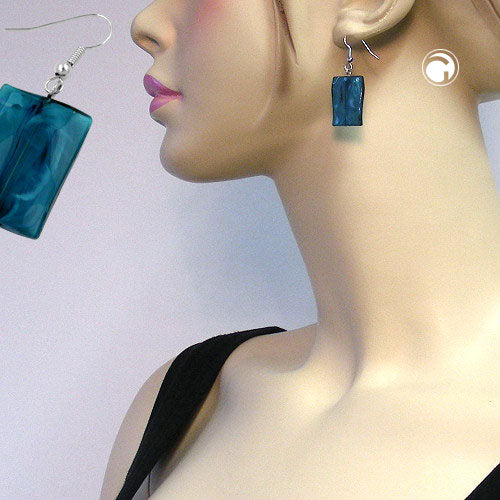 Ear hook earrings 45x17mm square plastic wavy petrol-marbled shiny
