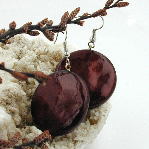 Ear hook earring 28mm disc coffee brown-glossy plastic