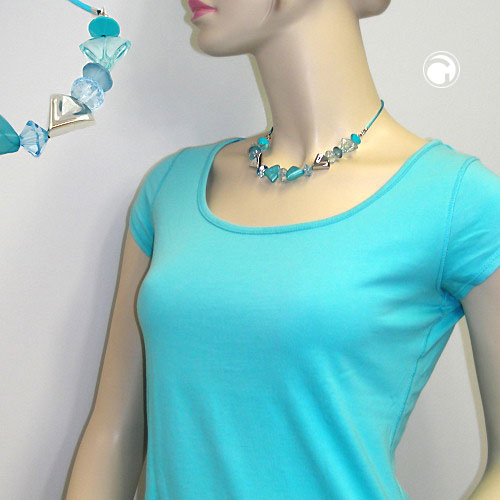 Necklace plastic beads turquoise light blue chrome-colored on satin piping turquoise 42cm