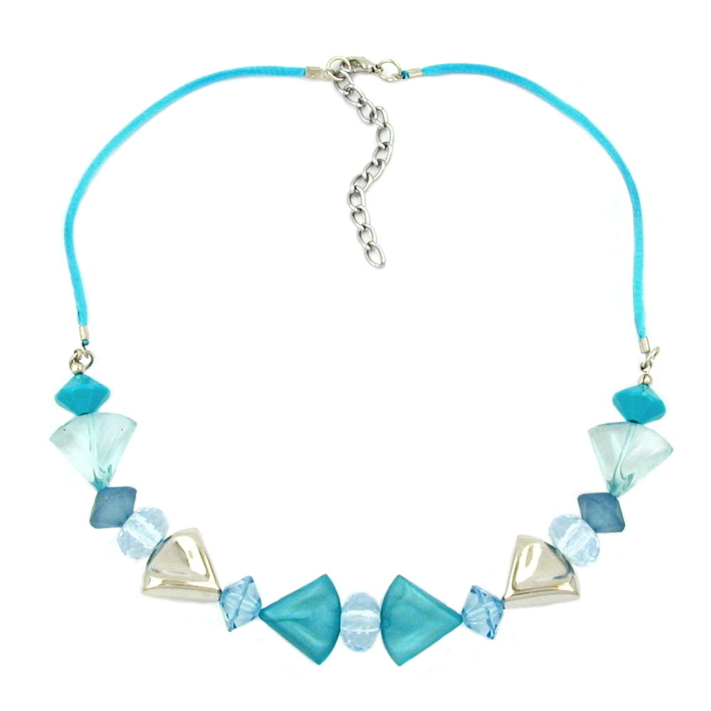 Necklace plastic beads turquoise light blue chrome-colored on satin piping turquoise 42cm