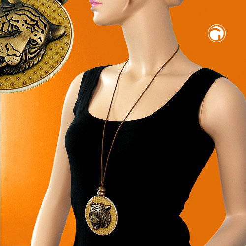 Chain, plate with tiger head antique brass, 75cm