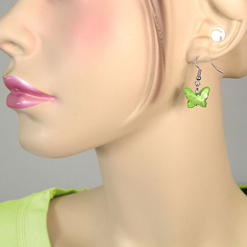 Earring hooks earrings 32x16mm butterfly with cut plastic pearl kiwi green