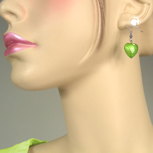 Ear hook earrings 35x15mm heart with cut plastic pearl kiwi green