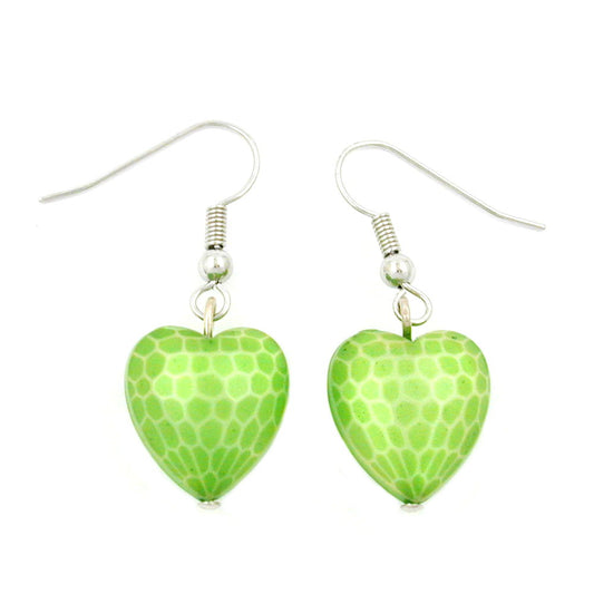 Ear hook earrings 35x15mm heart with cut plastic pearl kiwi green