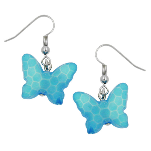 Ear hook earrings 32x16mm butterfly with cut plastic pearl turquoise blue