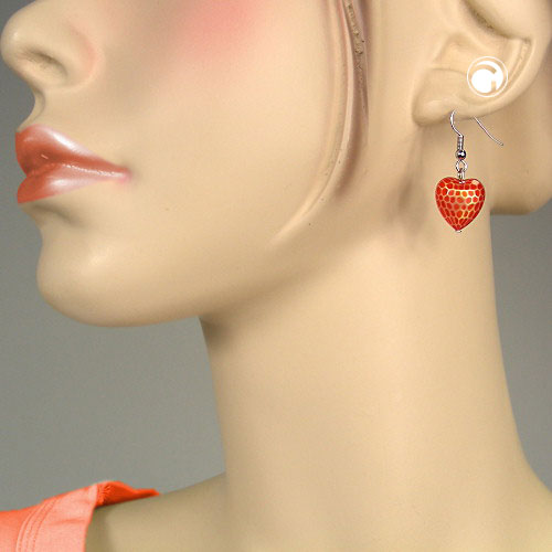 Ear hook earrings 35x15mm heart with cut plastic pearl orange-red