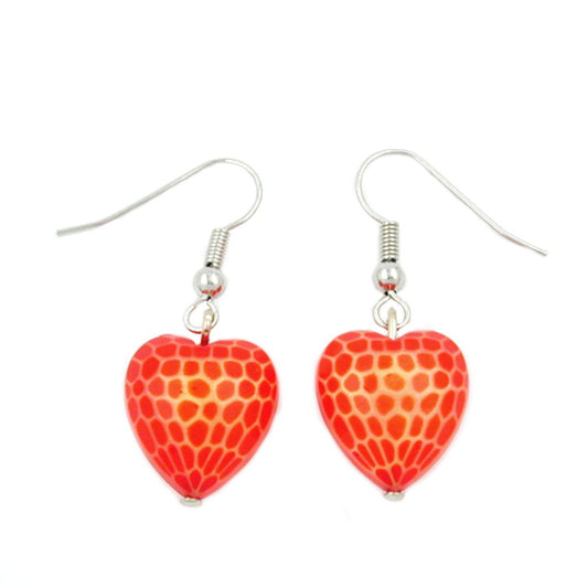 Ear hook earrings 35x15mm heart with cut plastic pearl orange-red