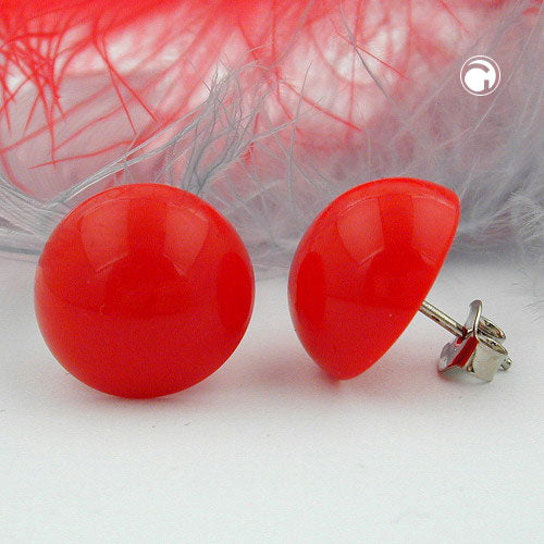 Ear stud earring 13mm rich red shiny plastic semicircular curved