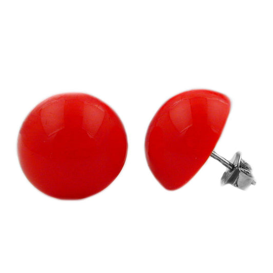 Ear stud earring 13mm rich red shiny plastic semicircular curved