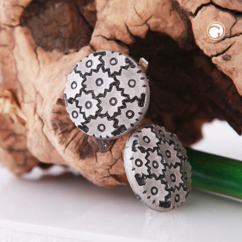 Clip earring 23mm plastic flowers embossed antique silver galvanic surface