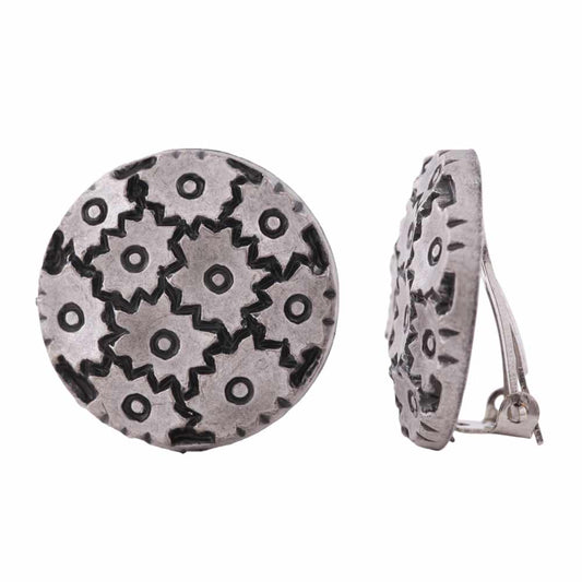 Clip earring 23mm plastic flowers embossed antique silver galvanic surface