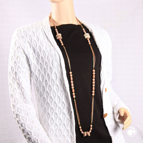 Kette Perlen Holz und Kunststoff horn-braun mit goldfarbener Kordelkette 130cm