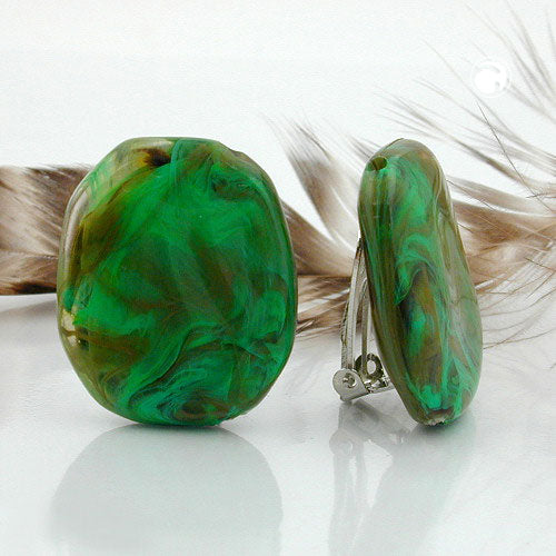 Clip earring 28x23mm pebble green-khaki-brown-marbled shiny plastic button