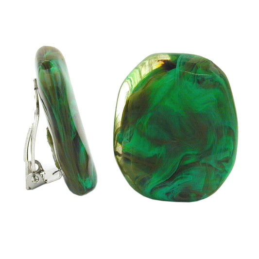 Clip earring 28x23mm pebble green-khaki-brown-marbled shiny plastic button