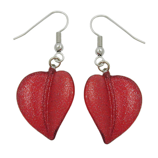 Ear hook earrings earrings 45x20mm plastic bead leaf red with tinsel