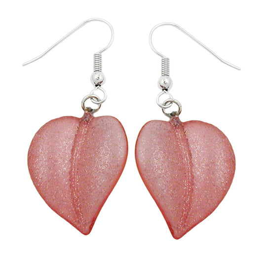 Ear hooks earrings 45x20mm plastic pearl leaf pink with tinsel