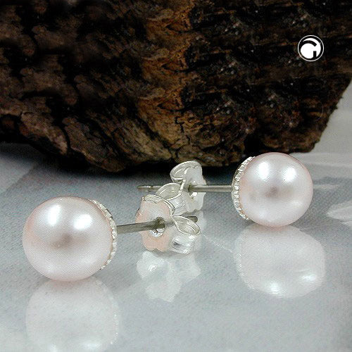 Ear stud earring 7mm glass pearl white wax-pink imitation pearl