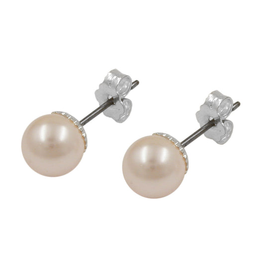 Ear stud earring 7mm glass pearl white wax-pink imitation pearl