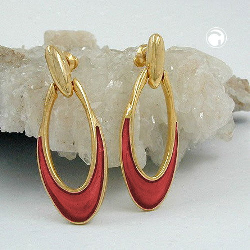 Stud earrings earrings 42x16mm made of metal with color inlay brass alloy rust brown shiny enameled