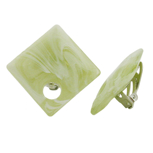 Clip earring 25x25mm square with hole lime green marbled plastic button