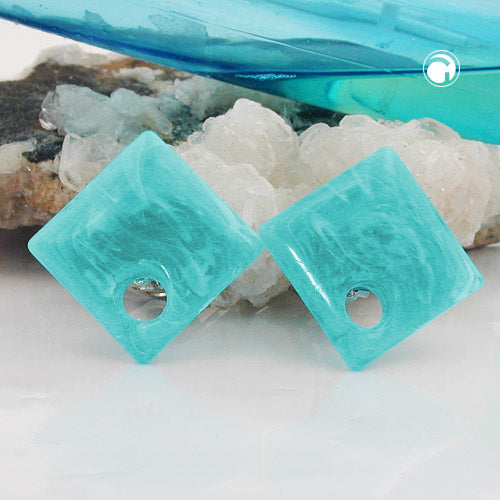 Clip earring 25x25mm square with hole turquoise marbled plastic button