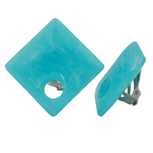 Clip earring 25x25mm square with hole turquoise marbled plastic button