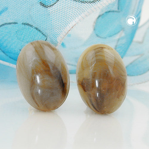 Clip earring 18x13mm mini oval horn-brown-marbled shiny plastic button
