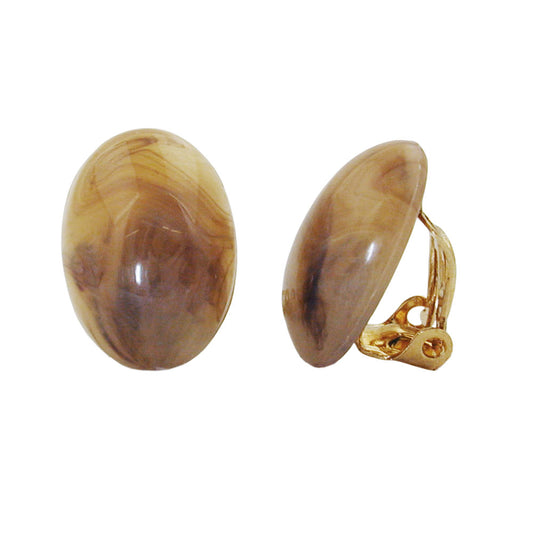 Clip earring 18x13mm mini oval horn-brown-marbled shiny plastic button