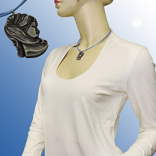 Necklace, Cameè grey, cord light blue, 40cm