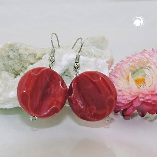 Ear hook earrings 44x22mm disc plastic engraved red-marbled