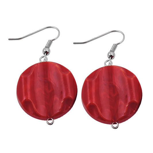 Ear hook earrings 44x22mm disc plastic engraved red-marbled