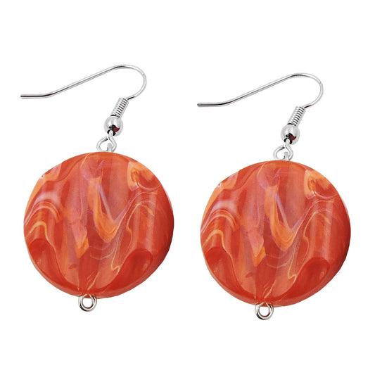 Ear hook earrings 44x22mm disc plastic engraved light red-marbled