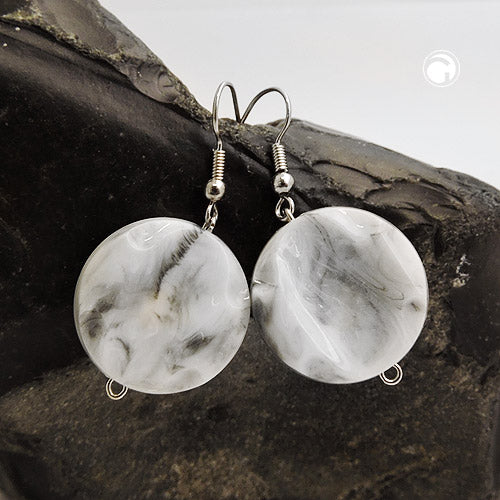 Ear hook earrings 44x22mm disc plastic engraved white-grey