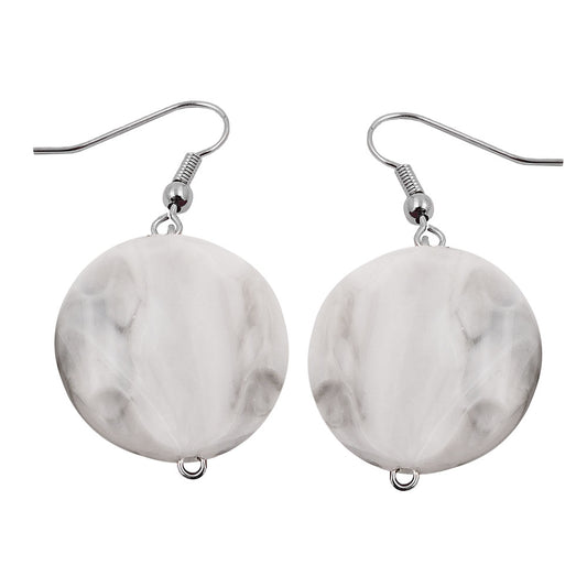 Ear hook earrings 44x22mm disc plastic engraved white-grey