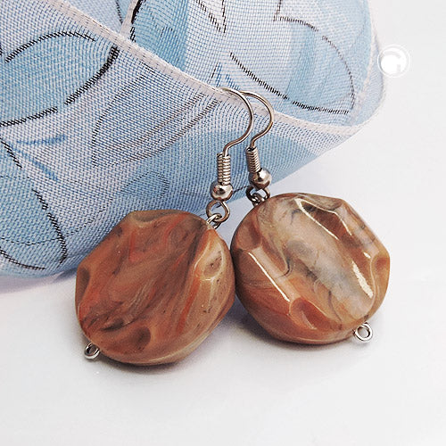 Ear hook earrings 44x22mm disc plastic engraved brown marbled