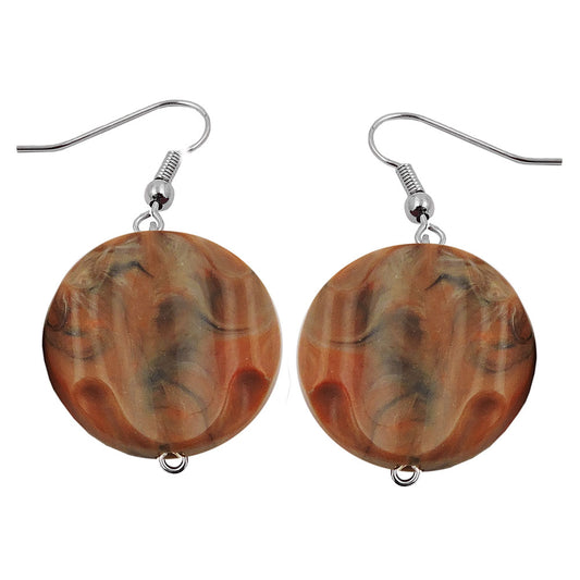 Ear hook earrings 44x22mm disc plastic engraved brown marbled