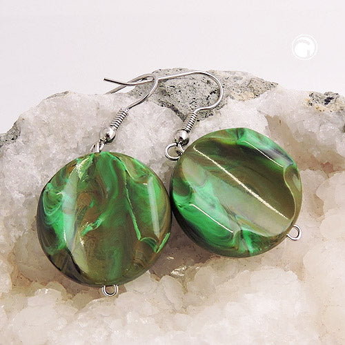 Ear hook earrings 44x22mm disc plastic engraved khaki-green