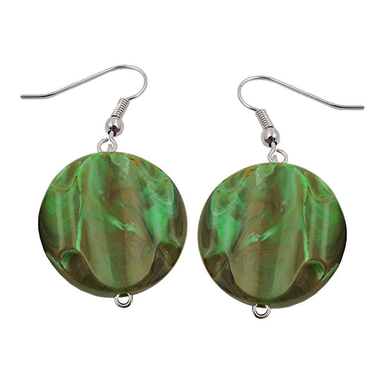 Ear hook earrings 44x22mm disc plastic engraved khaki-green