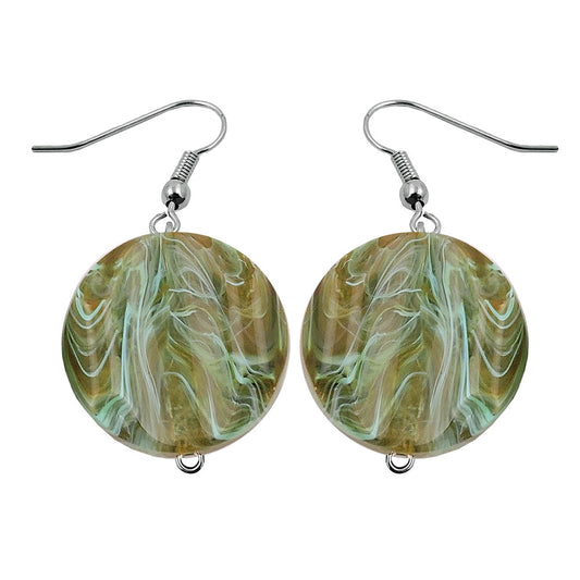 Ear hook earrings 44x22mm disc plastic engraved olive-turquoise