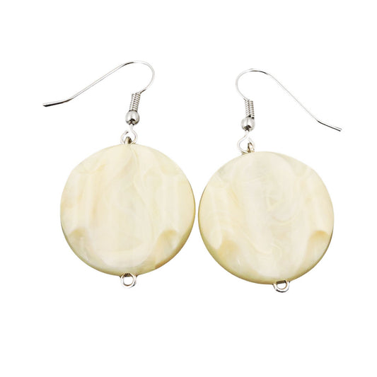 Ear hook earrings 44x22mm disc plastic engraved cream-beige