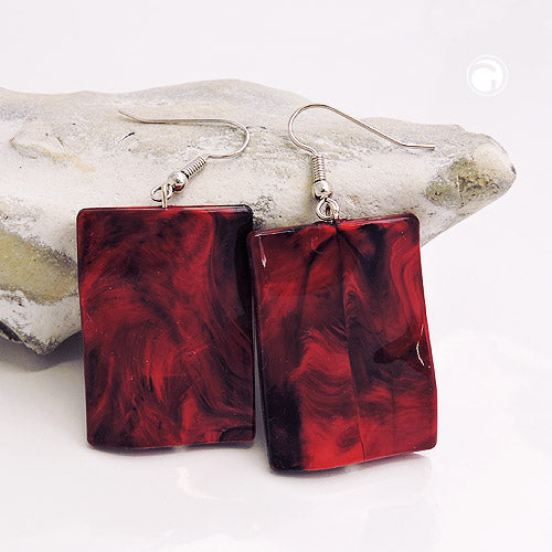 Ear hook earrings earrings 56x25mm square wavy red-black-marbled
